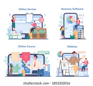 Business online service or platform set. Idea of strategy and deal achievement. Target and key to success. Online course, webinar, software. Isolated vector illustration