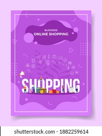 business online shopping concept people around word shopping speaker calculator wallet coin money paper bag smartphone for template of banners, flyer, books cover, magazines with liquid shape style