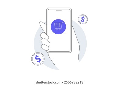 Business online shopping store and online payment with mobile application concept. Flat Cartoon Vector Illustration, icon. Stylish abstract