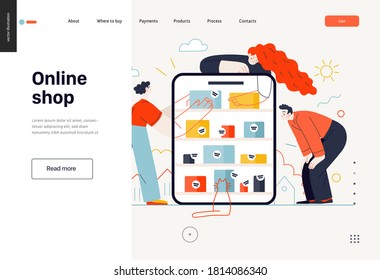 Business Online shopping topic. Web template with
header. Flat style modern outlined vector concept illustration. Tablet with boxes on shop shelves for online concept. People taking and looking at the goods. Business metaphor