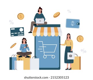 Business online shopping. Young girls order goods at home, modern technology and digital world. Clothing store or supermarket, women order presents at holiday. Cartoon flat vector illustration