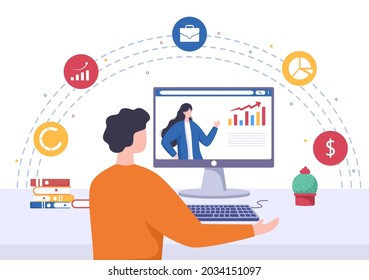 Business Online Training, Seminar or Courses Background Vector Illustration. Mentor Doing Presentation About Marketing, Sales, Report, E-commerce. For Banner and landing Page
