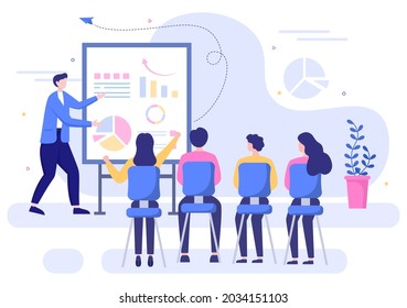 Business Online Training, Seminar or Courses Background Vector Illustration. Mentor Doing Presentation About Marketing, Sales, Report, E-commerce. For Banner and landing Page
