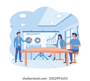 Business Online Training.  Seminar or Courses. Mentor Doing Presentation About Marketing, Sales, Report, E-commerce.   flat vector modern illustration 