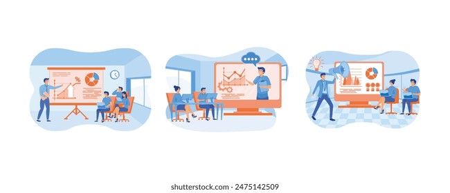 Business Online Training, Seminar or Courses. Online training courses for employees, training skills enhancement. Education online training courses. Set flat vector modern illustration