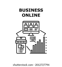 Business Online Vector Icon Concept. Commerce Shop Business Online And Conference With Team, E-commerce Mobile Phone Application And Computer Software For Communicate With Employees Black Illustration