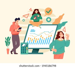 Trabajo en equipo de la oficina de análisis de Internet en línea de negocios. Diseño gráfico de ilustración plana