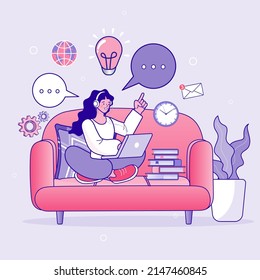 business online. working from home, teaching and learning online, Remote work. Working woman in the living room. Video conference. stay at home, female sitting and working on laptop. Flat vector.