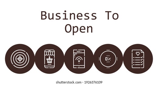 business to open background concept with business to open icons. Icons related wedding planning, online shopping, smartphone, percentage, target
