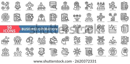 Business operation icon collection set. Containing marketing, agreement, leadership, business, timeline, structure, job, exchange, quality control icon. Simple outline vector illustration.