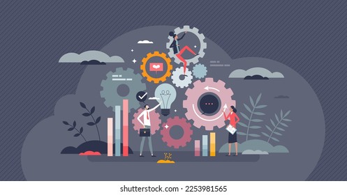 Business operation workflow and process management tiny person concept. Company organization, control and monitoring with effective work flow vector illustration. Performance efficiency stats report.