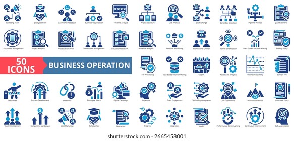 Business operationicon set flat style collection. Containing marketing, agreement, leadership, business, timeline, structure, job, exchange, quality control.