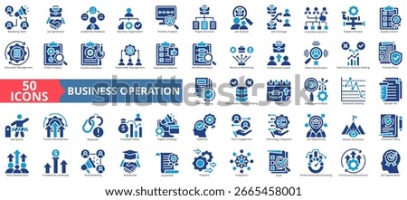 Business operationicon set flat style collection. Containing marketing, agreement, leadership, business, timeline, structure, job, exchange, quality control.