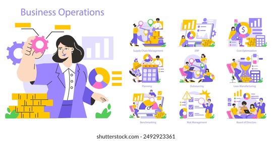 Business Operations concept. Strategic corporate activities and project management. Supply chain, ERP systems, cost optimization, and lean production. Vector illustration.