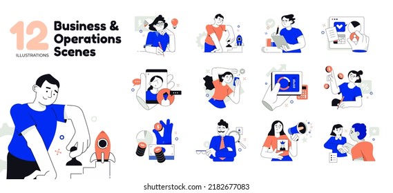 Business and operations concepts. Collection of vector illustrations with people in different business activities