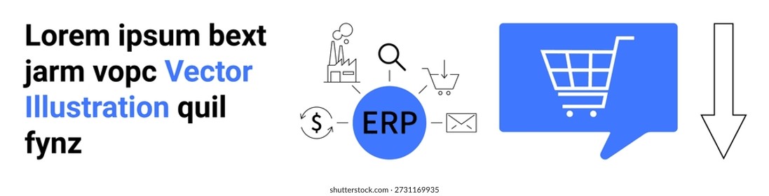 Business operations, ERP software, e-commerce, process automation, supply chain, communication. A shopping cart icon, ERP and supply chain symbols combined. ERP software and e-commerce integration