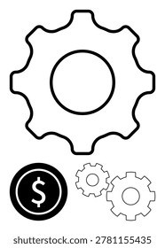 Business operations, financial workflow, economic processes, automation, profitability, resource management. Large gear connected with smaller gears and a dollar symbol. Business operations