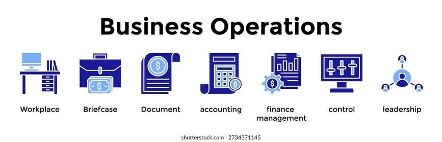 Conjunto de iconos de operaciones comerciales. Conteniendo lugar de trabajo, maletín, documento, contabilidad, finanzas, gestión, control, liderazgo