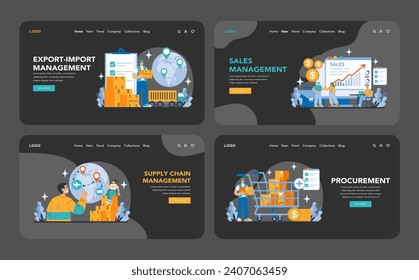 Business Operations night or dark mode web or landing page set. efficient export-import management, sales strategies, streamlined supply chain logistics, and thorough procurement methodologies.