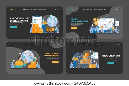 Business Operations night or dark mode web or landing page set. efficient export-import management, sales strategies, streamlined supply chain logistics, and thorough procurement methodologies.