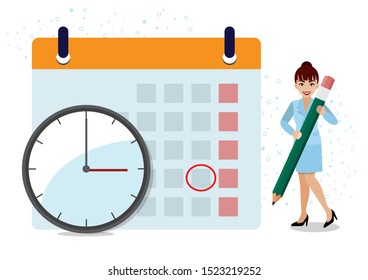 Business operations planning and scheduling concept with businesswoman writing appointment on calendar with pencil and time with clock on white background cartoon design vector