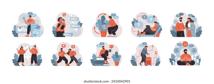 Operaciones de negocio establecidas. Diversos conjuntos de ilustraciones que muestran a profesionales del negocio participando en el crecimiento financiero, la interacción con los medios sociales y la planificación estratégica. Paquete de ilustración de vector plano.