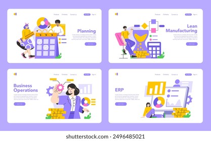 Business Operations set. Streamlining corporate processes, strategic planning, and resource management. Featuring team collaboration and technology integration. Vector illustration.