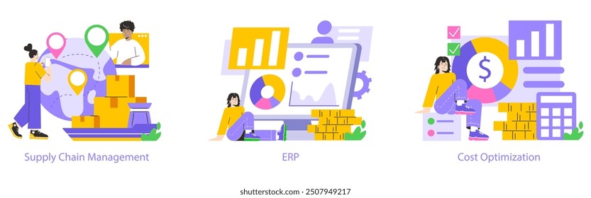 Business Operations set. Supply chain tracking, enterprise resource planning, and financial cost management. Cartoon characters engage in corporate strategy. Vector illustration.