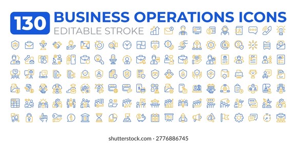 Business operations two color two color line icons big set. Core activities an organization. Commerce bicolor outline mega pack isolated, pixel perfect. Duotone thin lineart. Editable stroke
