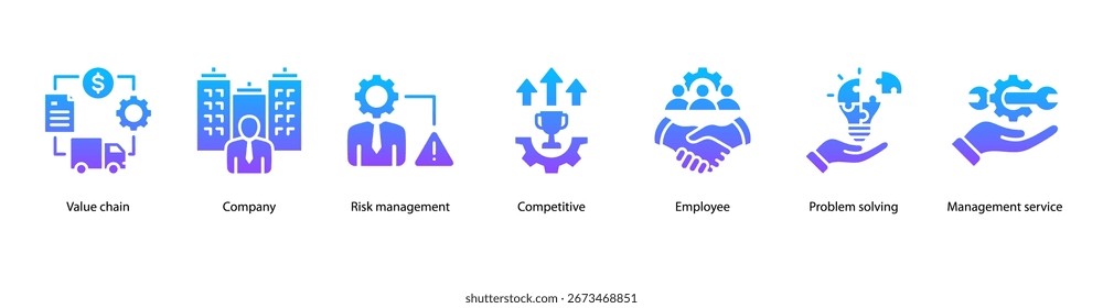 Business Operations web banner vector illustration featuring Value Chain, Company, Risk Management, Competitive, Employee, Problem Solving, and Management Service.