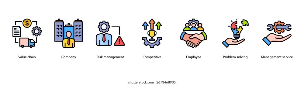 Ilustração vetorial de banner da Web de operações de negócios apresentando a cadeia de valores, a empresa, o gerenciamento de riscos, a concorrência, o funcionário, a solução de problemas e o serviço de gerenciamento.