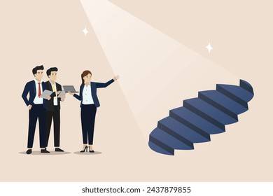 Business opportunities. Career. Uncovering the ladder of success. The spotlight reveals a hidden staircase. Business vector illustration.