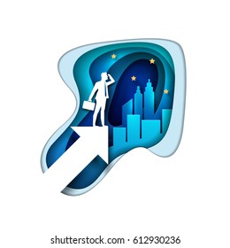 Business opportunities concept illustration. Businessman is searching the sky with telescope. Paper art style vector illustration. Elements are layered separately in vector file. 