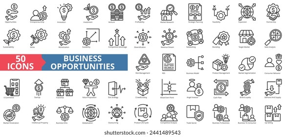 Business opportunities icon collection set. Containing entrepreneurship, innovation, investment, venture, profitability, market research, strategic planning icon. Simple line vector.