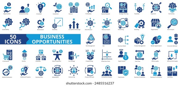 Conjunto de colecciones de iconos de oportunidades de negocio. Conteniendo emprendimiento, innovación, inversión, emprendimiento, rentabilidad, investigación de mercado, planeamiento estratégico icono. Sencillo Vector plano.