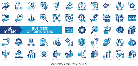 Business opportunities icon collection set. Containing innovation, entrepreneur, investment, market, strategy, networking, collaboration, technology icon. Simple flat vector illustration.