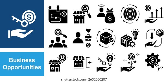 Business opportunities icon collection set. Containing entrepreneurship, innovation, investment, venture, profitability, market research, strategic planning icon. Simple flat vector.