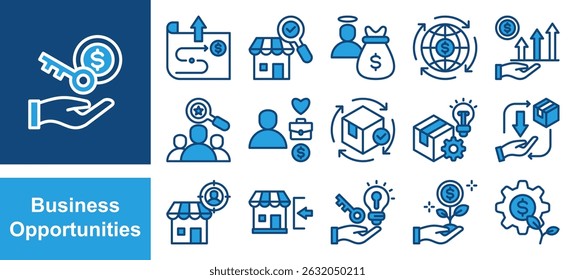 Business opportunities icon collection set. Containing entrepreneurship, innovation, investment, venture, profitability, market research, strategic planning icon. Simple line vector.