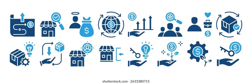 Business opportunities icon collection set. Containing entrepreneurship, innovation, investment, venture, profitability, market research, strategic planning icon. Simple flat vector.