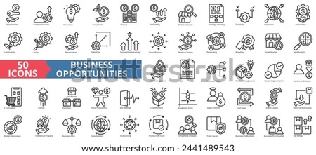 Business opportunities icon collection set. Containing entrepreneurship, innovation, investment, venture, profitability, market research, strategic planning icon. Simple line vector.