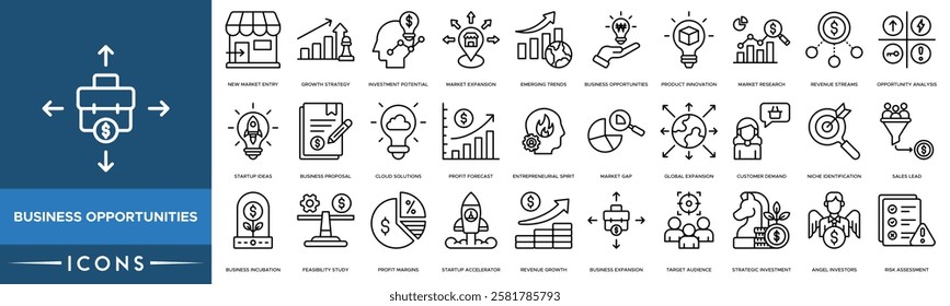 Business Opportunities icon. New Market Entry, Growth Strategy, Investment Potential, Market Expansion, Emerging Trends, Business Opportunities and Product Innovation