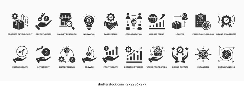Colección de estilo sólido con Desarrollo de productos, Oportunidades, Investigación de mercado, Innovación, Colaboración, Tendencia de mercado, Icono logístico.
