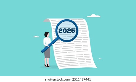 business opportunity in 2025, new year business strategy, new plan in 2025, businesswoman uses a magnifying glass to find a strategy in 2025