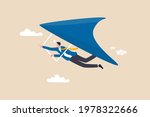 Business opportunity or aspiration to success in work and career, leadership to achieve target concept, ambitious businessman flying with glider high up to look for new business opportunity.