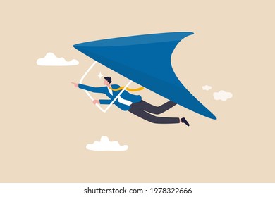 Business opportunity or aspiration to success in work and career, leadership to achieve target concept, ambitious businessman flying with glider high up to look for new business opportunity.