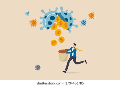 Business Opportunity Or Bargain Stock Investment In Coronavirus COVID-19 Crisis Or Economic Recession Concept, Investor Or Business Owner Holding Basket To Get Gold Coin Money From Virus Pathogen.