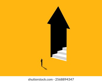 Business Opportunity. Businessman looks at stairs in the door arrow pointing up