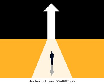 Business Opportunity. Businessman Steps Towards The Growth Arrow Door