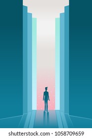 Business opportunity and career ambition, success vector concept with businessman standing on a street between corporate buildings, skyscrapers. Eps10 vector illustration.