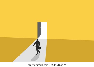 Business opportunity or career success. man walking exit door. Symbol of courage, ambition, having a goal, inspiration